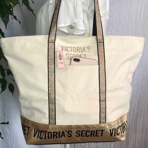 VICTORIA'S SECRET canvas cream & metallic gold glitter accent double handles NWT